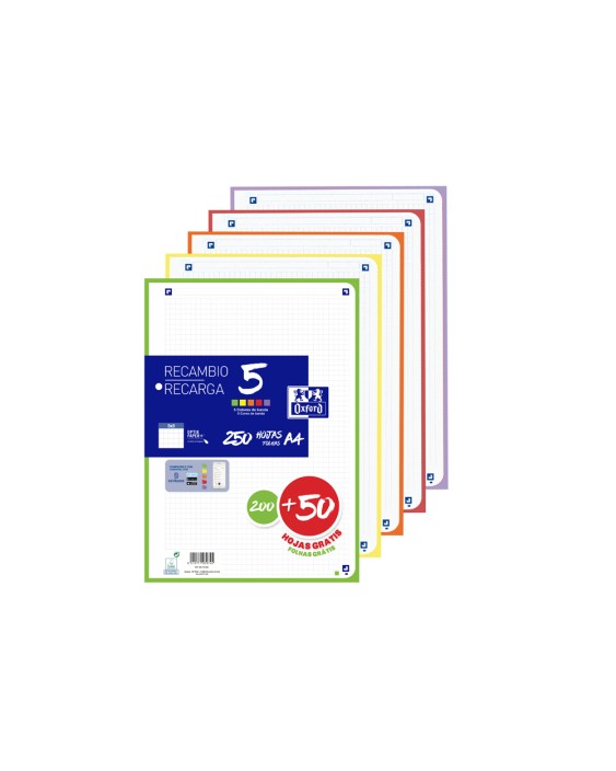 Recambio oxford din a4 200+50 hojas gratis cuadro 5 mm 4 taladros con banda 5 colores vivos