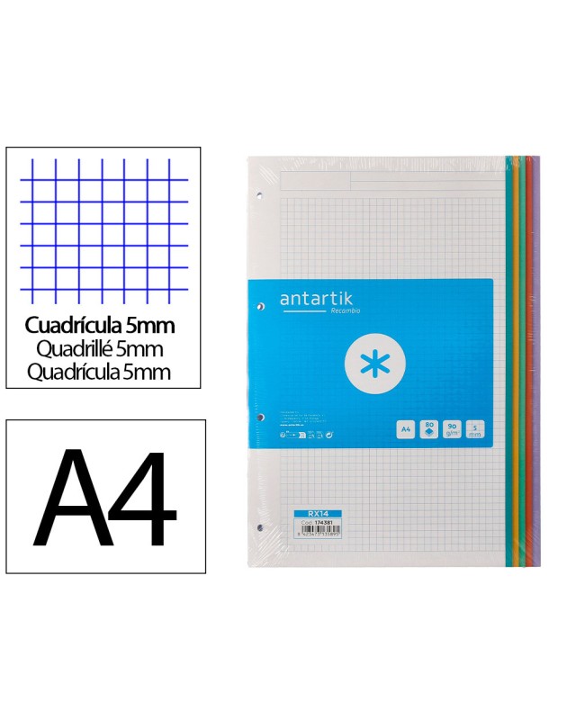 Recambio antartik a4 80 hojas 90 g cuadro 5 mm 4 taladros bandas de 5 colores pasteles