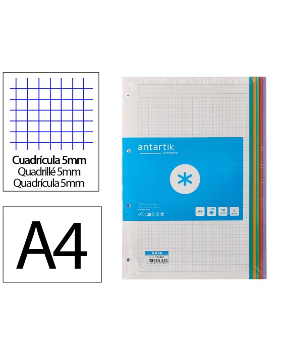 Recambio antartik a4 80 hojas 90 g cuadro 5 mm 4 taladros bandas de 5 colores pasteles