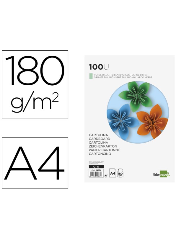 Cartulina liderpapel a4 180g/m2 verde paquete de 100 hojas