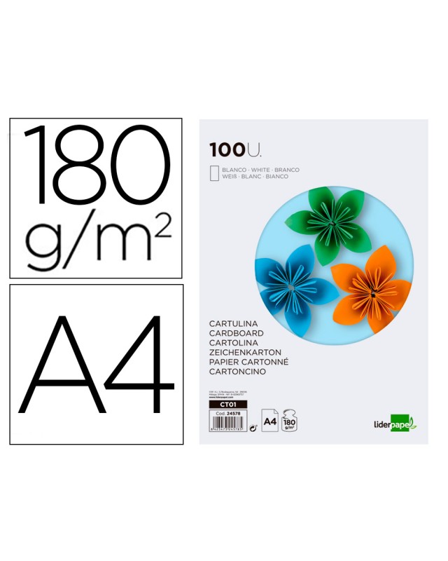 Cartulina liderpapel a4 180g/m2 blanco paquete de 100 hojas