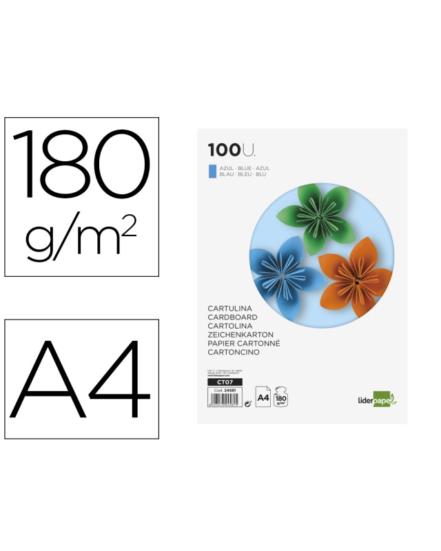 Cartulina liderpapel a4 180g/m2 azul paquete de 100 hojas