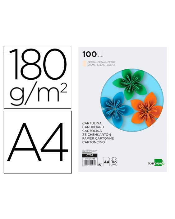 Cartulina liderpapel a4 180g/m2 crema paquete de 100 hojas
