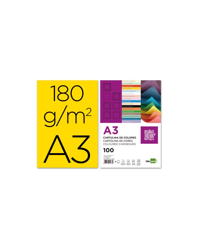 Cartulina liderpapel a3 180g/m2 amarillo paquete de 100 hojas