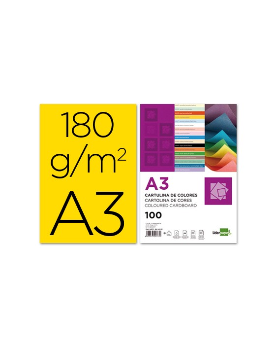 Cartulina liderpapel a3 180g/m2 amarillo paquete de 100 hojas