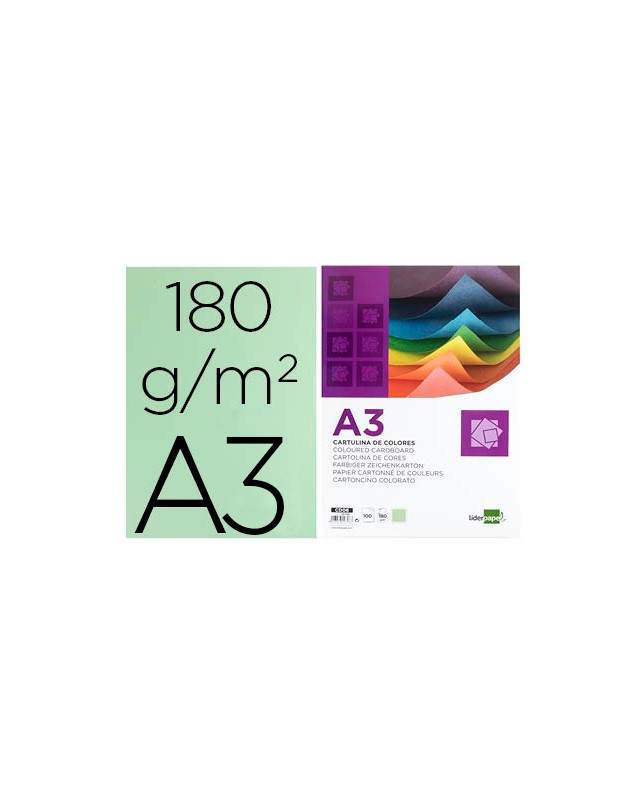 Cartulina liderpapel a3 180g/m2 verde paquete de 100 hojas