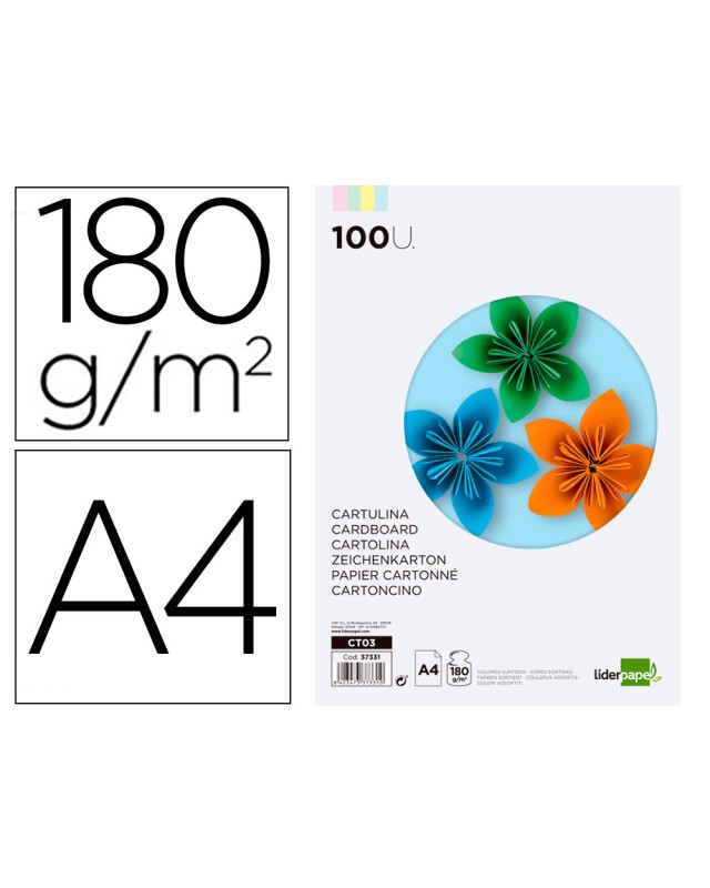 Cartulina liderpapel a4 180g/m2 4 colores surtidos paquete de 100 hojas