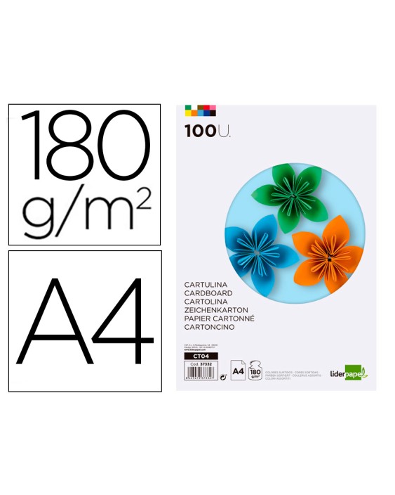 Cartulina liderpapel a4 180g/m2 10 colores surtidos paquete de 100 hojas