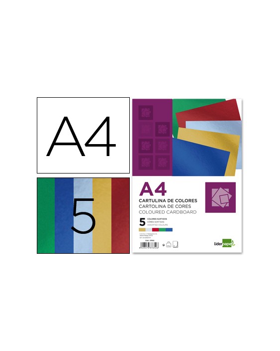 Cartulina liderpapel a4 235 g/m2 metalizada 5 colores surtidos paquete de 50 hojas