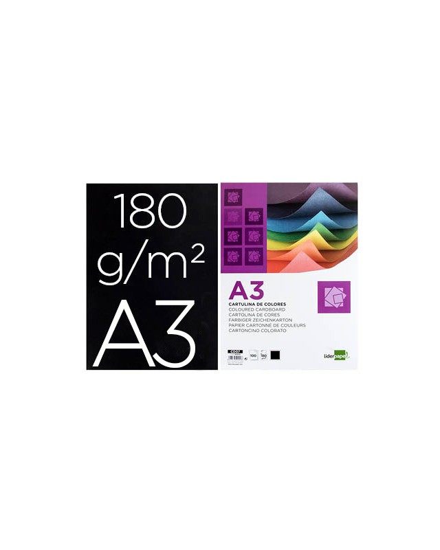 Cartulina liderpapel a3 180g/m2 negro paquete de 100 hojas