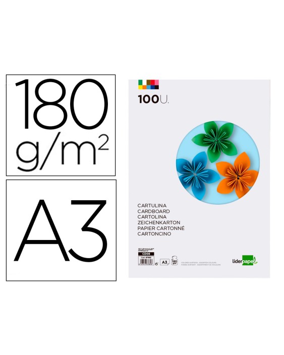Cartulina liderpapel a3 180g/m2 10 colores surtidos paquete 100 hojas